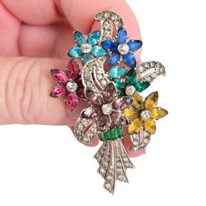 Vintage OTIS Sterling Silver Blue Red Yellow Crystal Flower Brooch Pin  Regency‎